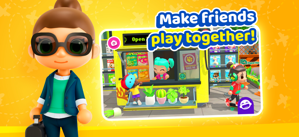 World Travel Stories - Airport - Personaggi che interagiscono e giocano insieme in un negozio dell'aeroporto.