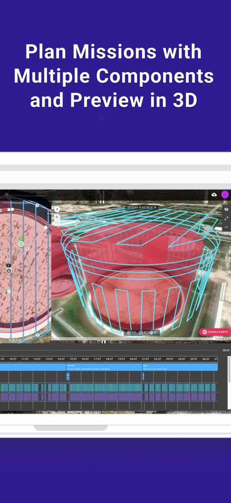 Dronelink Flight - Interfaz de la aplicación Dronelink Flight que muestra una vista previa en 3D de una misión de dron planificada sobre una estructura.