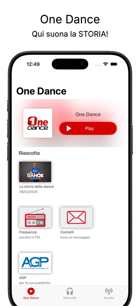 Radio One Dance - Radio One Dance app home screen featuring the main play button and music archives