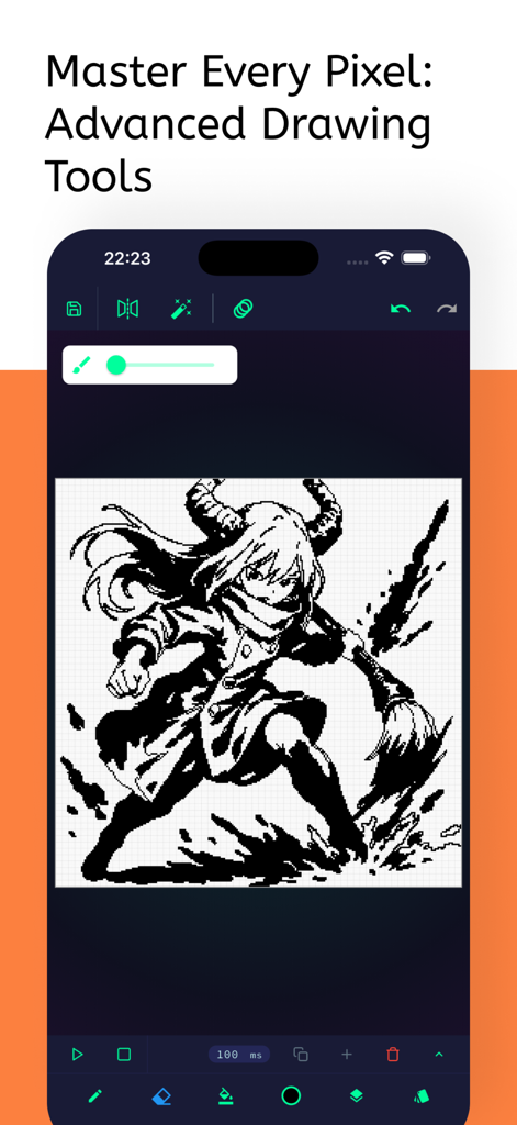 Picell - Pixel Art Editor - Interface of Picell app showing a black and white pixel art drawing of an anime character with horns and a large brush