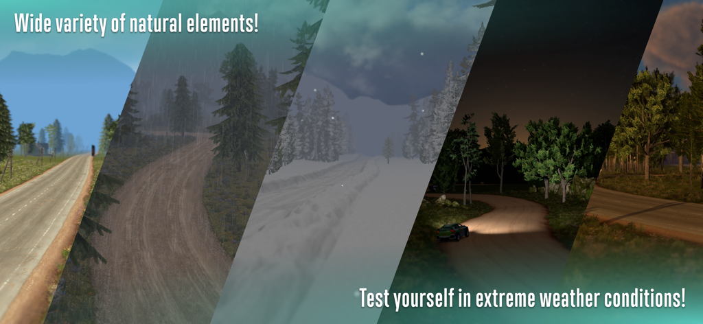 A collage showcasing various racing track environments and weather conditions like rain, snow, and night in CarX Rally.