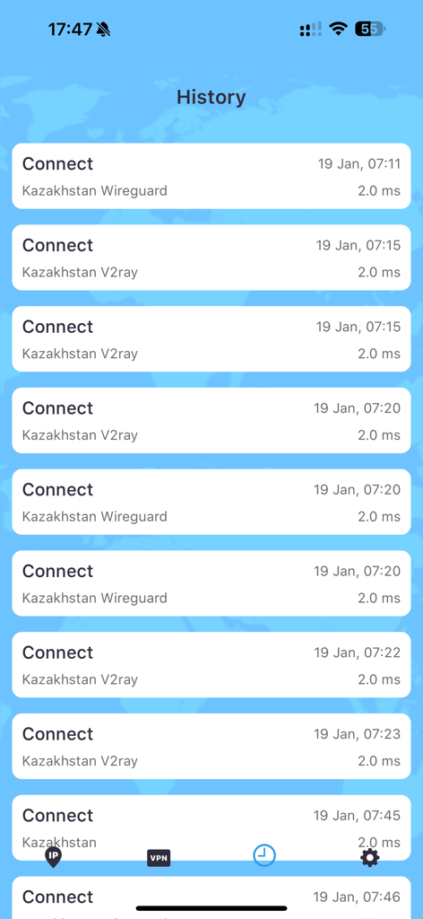 The history screen of the VPN Kazakhstan app showing a log of past connections with server protocols and latency details