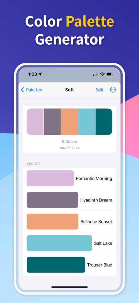 다섯 가지 다른 색조와 이름이 포함된 부드러운 색상 팔레트를 보여주는 Color Identifier 앱의 인터페이스