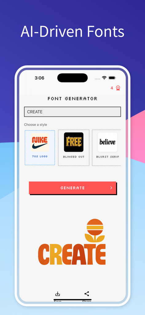 Font Generator - AI Text Art - 70年代風レトロスタイルのロゴでAIテキストアートを作成する方法を示すフォントジェネレーターアプリのインターフェース