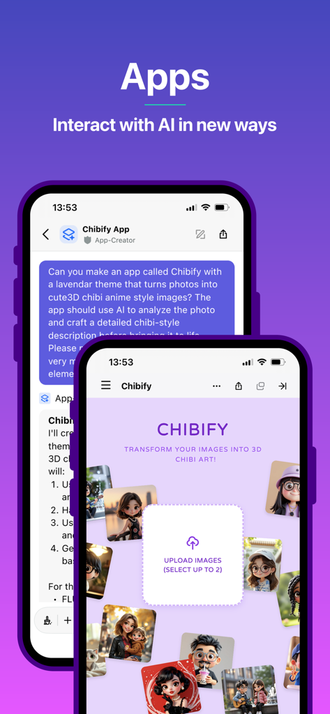 Interface do aplicativo Poe mostrando a criação e uso de um bot de IA personalizado chamado Chibify