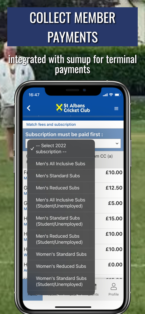 Hitssports Mobile App-Oberfläche, die eine Liste der Abonnement-Zahlungsoptionen und Gebühren des Sportvereins anzeigt