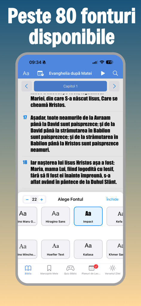Biblia Ortodoxă în Română - Interfaz de la aplicación Biblia Ortodoxa Rumana mostrando una variedad de fuentes disponibles para la personalización de la lectura.