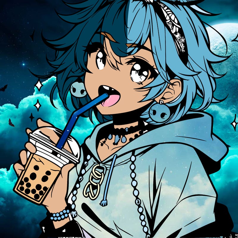 hot baddie anime girl drinking boba and biting the straw