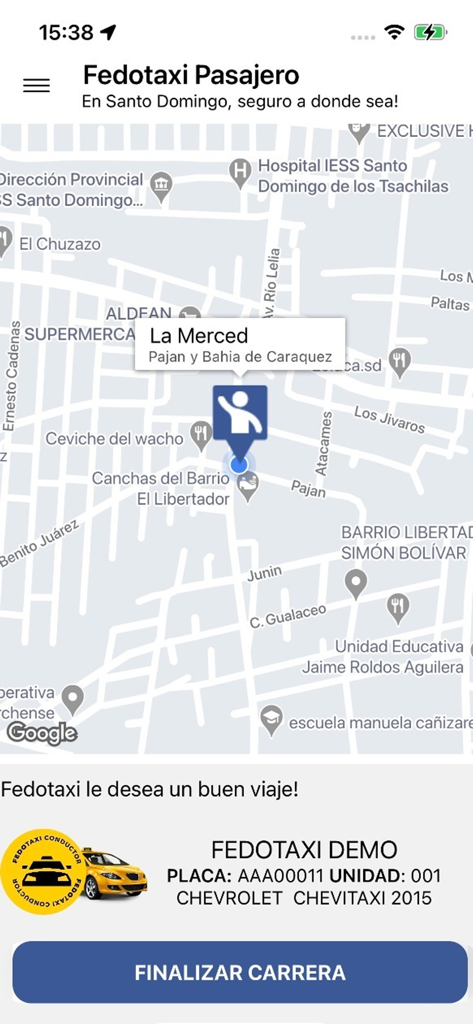 Aplicación Fedotaxi que muestra un mapa de viaje en taxi y detalles del vehículo en Ecuador