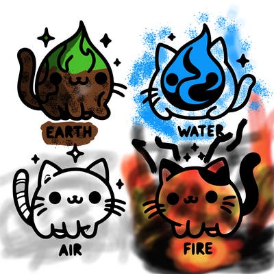 4 cats that represent the different elements, earth, water, air, and fire