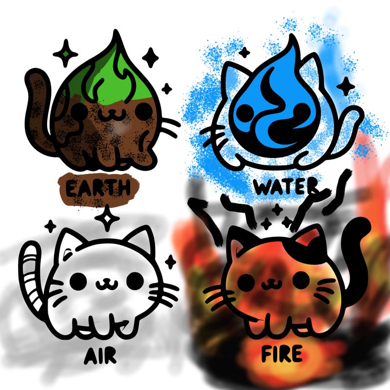 4 cats that represent the different elements, earth, water, air, and fire