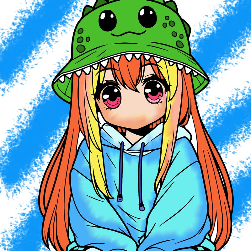 girl with anime shaped eyes with a dinosaur bucket hat oversized sweatshirt long straight hair