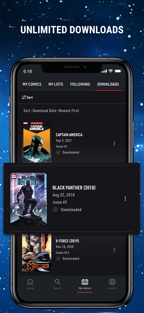 Marvel Unlimited - Marvel Unlimited App-Bildschirm zeigt eine Liste heruntergeladener Comics, darunter Captain America und Black Panther