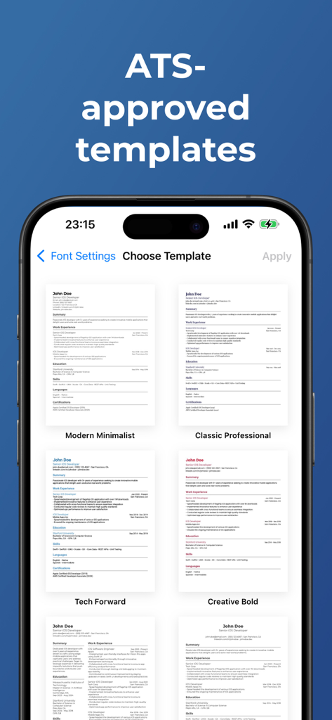 Resume Creator & Cover Letter - Bildschirm einer mobilen App, der verschiedene ATS-zugelassene Lebenslaufvorlagen anzeigt, darunter moderne und professionelle Designs.