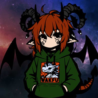 emo girl with dragon horns wearing a hoodie that says wakfu