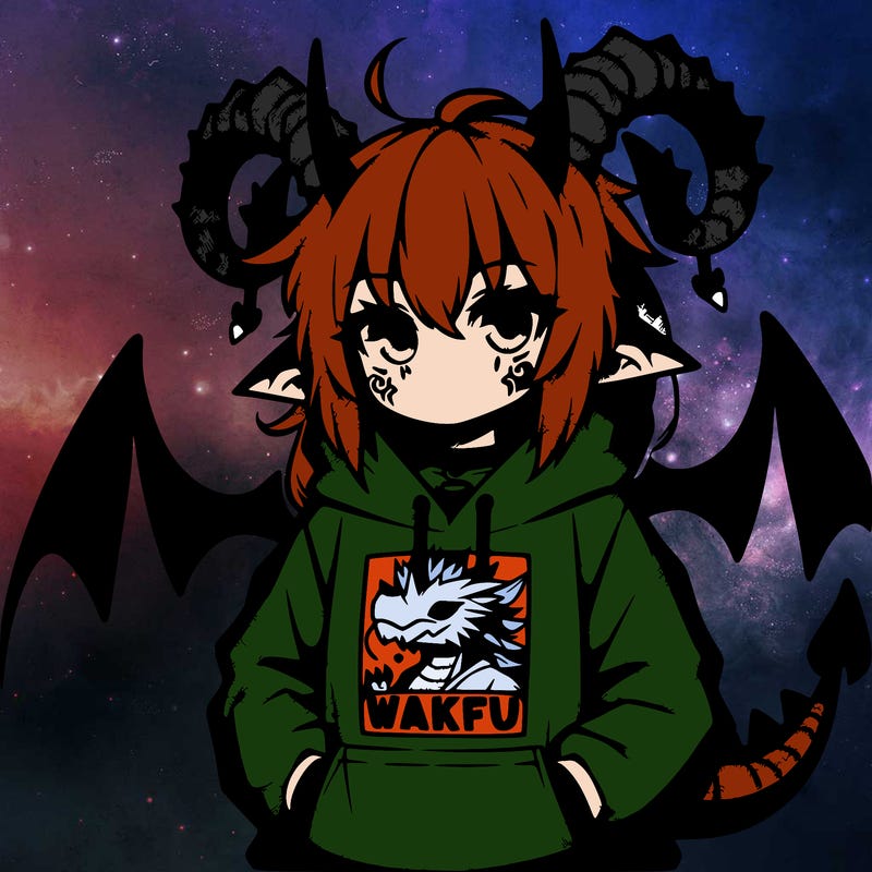 emo girl with dragon horns wearing a hoodie that says wakfu