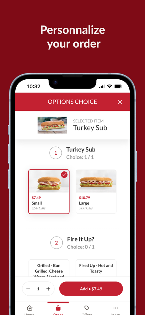 MR. SUB - Official - Pantalla de la app móvil MR. SUB para personalizar un pedido de Pavo Sub, incluyendo opciones de tamaño y calentamiento.