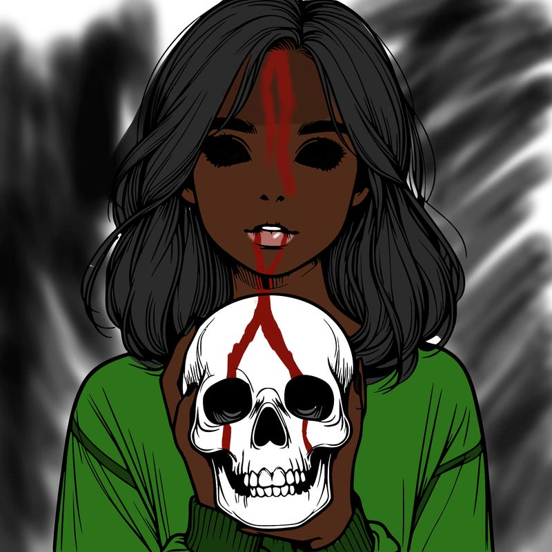 realistic girl holding a skull