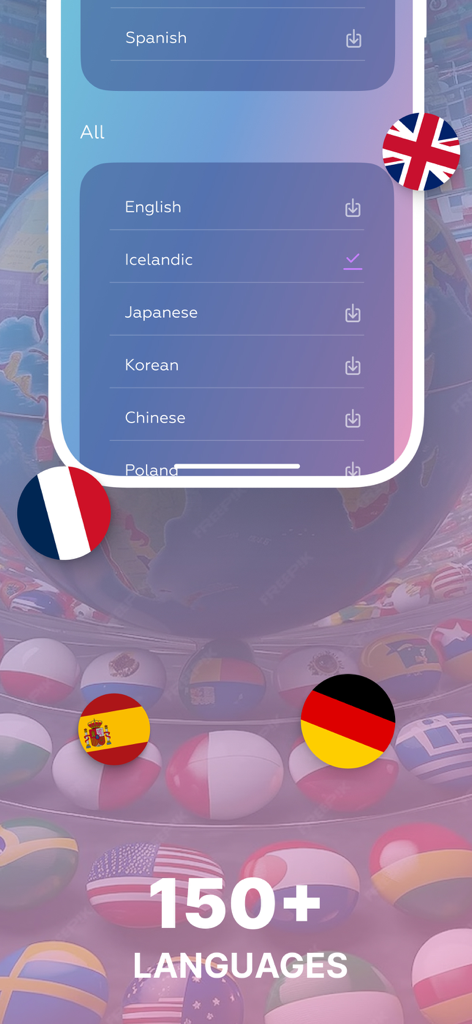 AI Voice Translator Language - Interface of the AI Voice Translator app showing a list of 150 plus supported languages with international flags