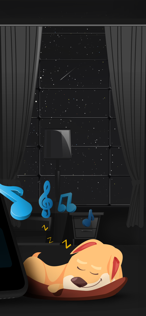 Alarm Clock: Music Sleep Timer - A cartoon dog sleeping peacefully in its bed at night with music notes floating in the air.