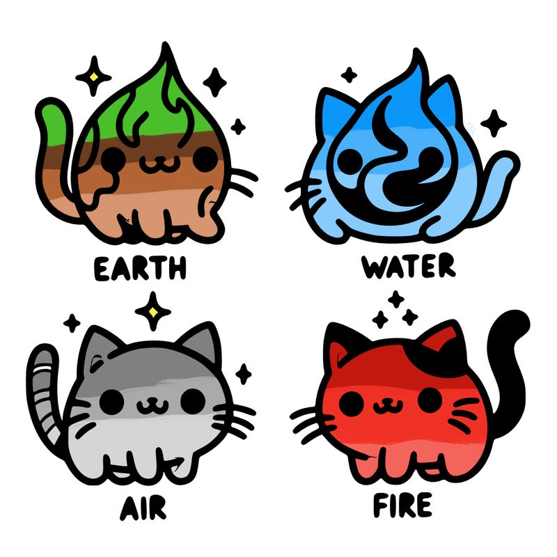 4 cats that represent the different elements, earth, water, air, and fire