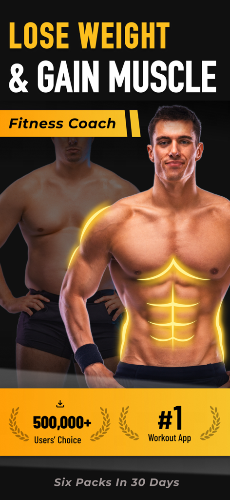 Schermata dell'app Muscle Builder che mostra i risultati di perdita di peso e aumento muscolare con una visualizzazione della trasformazione fitness