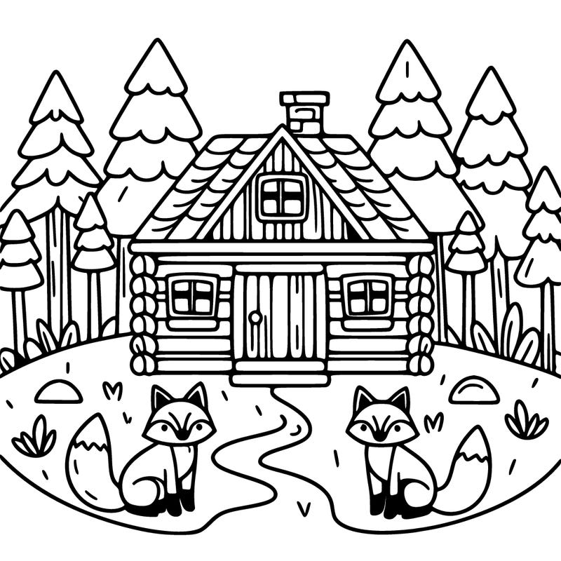 a house in a forest with trees and with two foxes in front