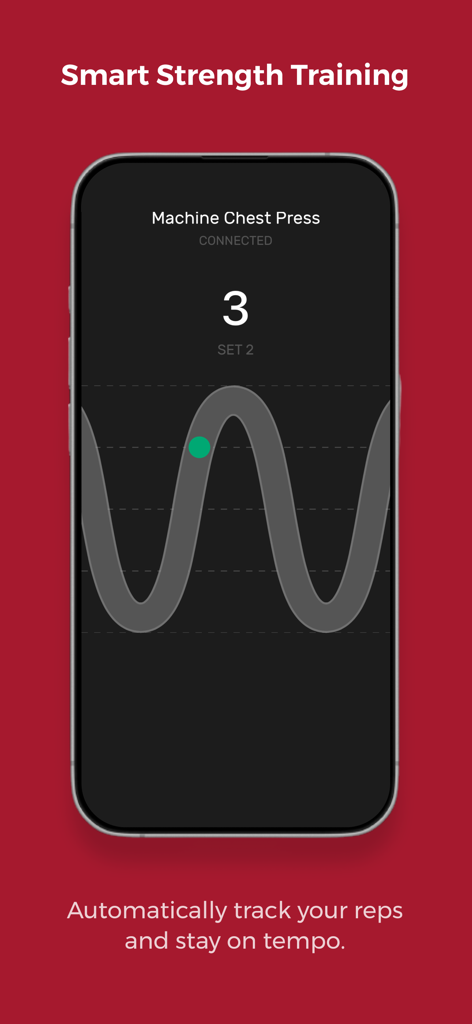 Life Fitness Connect app interface displaying automatic rep tracking and tempo for a machine chest press workout