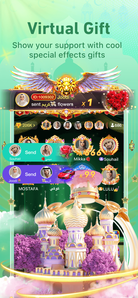 YouStar-Group Voice Chat Room - Interface de salon de discussion vocale de groupe YouStar montrant des cadeaux virtuels animés comme une voiture de luxe et un palais doré.