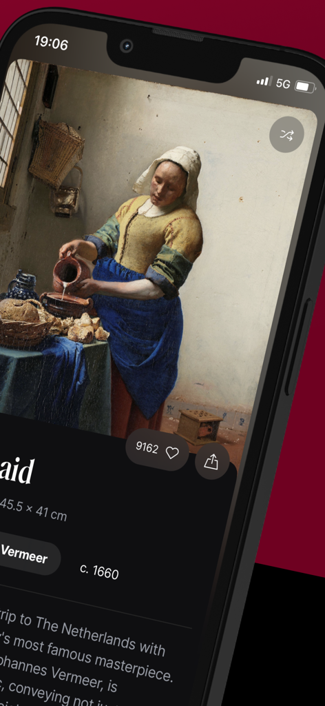 DailyArt - DailyArt app screen displaying Johannes Vermeer's painting The Milkmaid with historical details