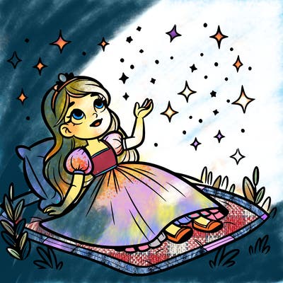 a princess lying on her back on a blanket, looking up at the stars with a dreamy expression.