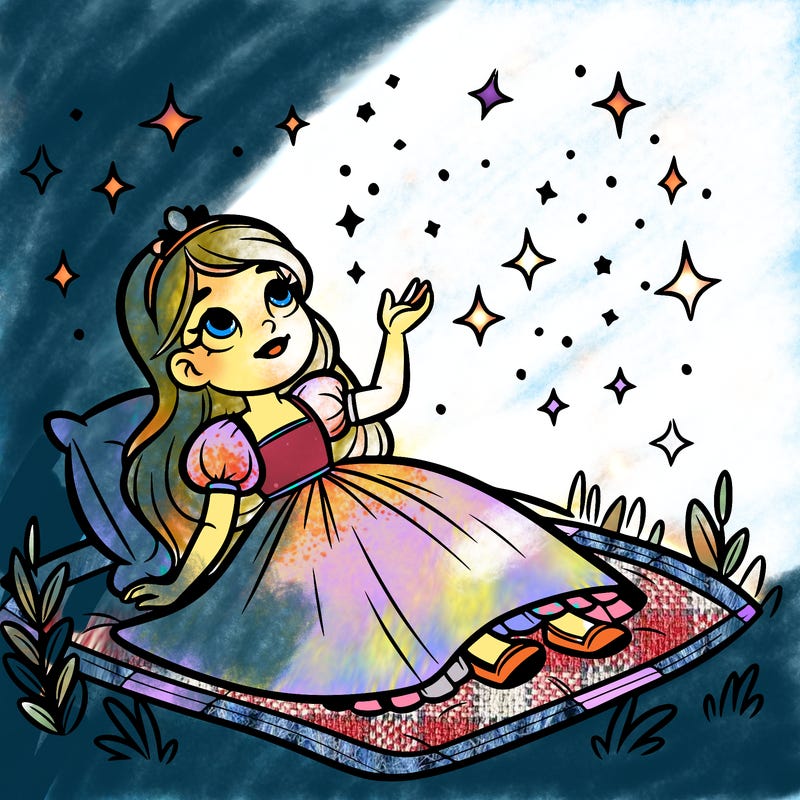 a princess lying on her back on a blanket, looking up at the stars with a dreamy expression.