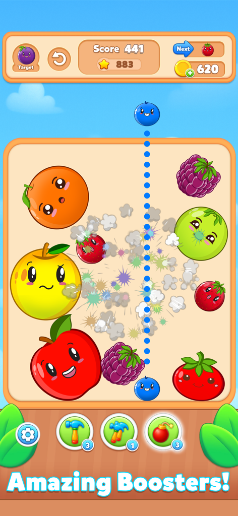 Fruit Match Juicy Drop Merge - Fruit Match Juicy Drop Merge gameplay screen showing cute fruit characters being dropped and merged with boosters like hammers and bombs at the bottom