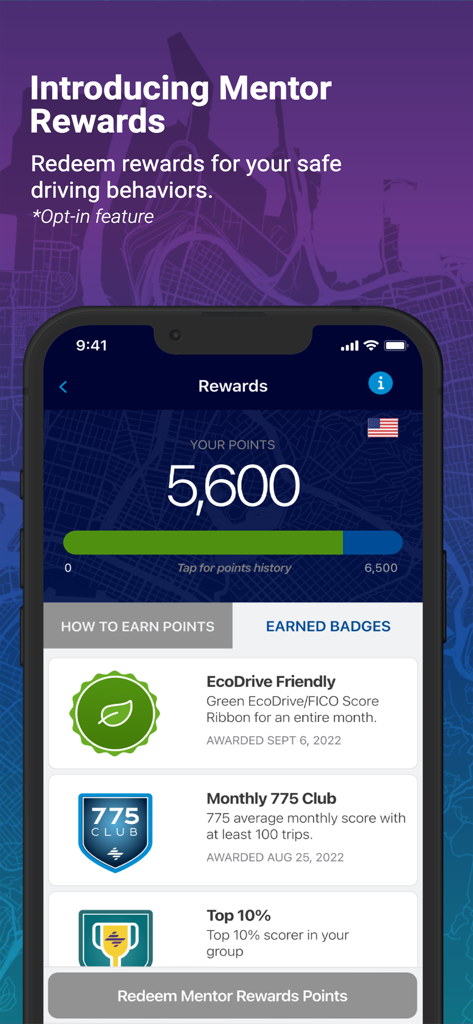 Mentor Business by eDriving℠ - Interface of Mentor Business app showing earned badges and rewards points for safe driving behaviors