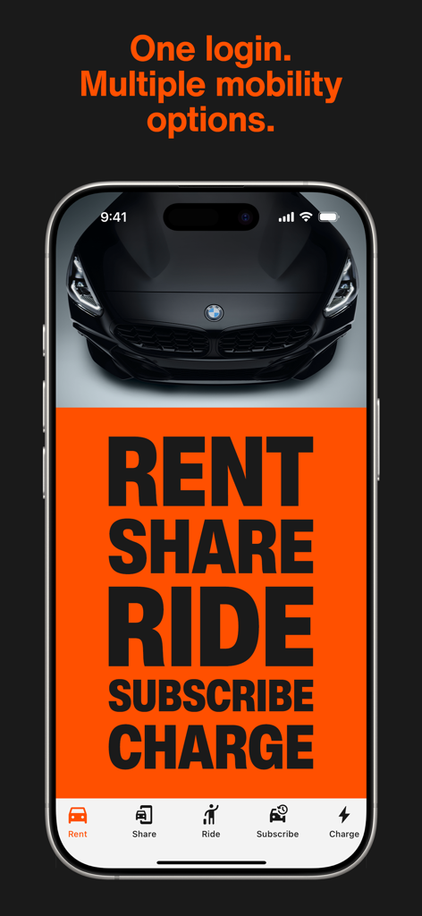SIXT rent, share, ride & plus - Schermata dell'app mobile SIXT che mostra servizi di mobilità inclusi noleggio condivisione viaggio abbonamento e opzioni di ricarica