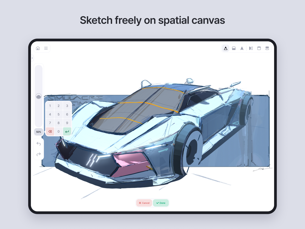 Feather: Draw in 3D - Futuristic car concept being sketched in 3D on an iPad using the Feather app spatial canvas