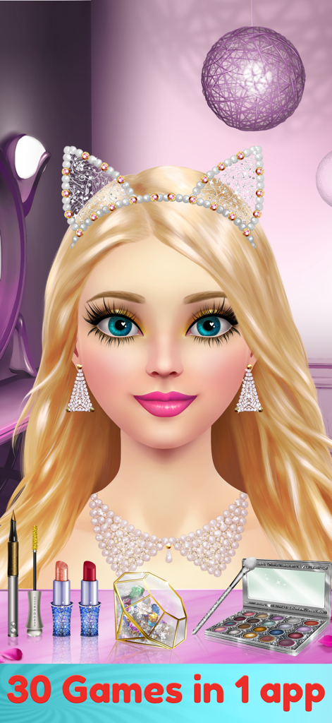 Dress Up & Makeup Girl Games - Una personaje de niña rubia con una diadema de orejas de gato y joyas de perlas en una interfaz de juego de maquillaje