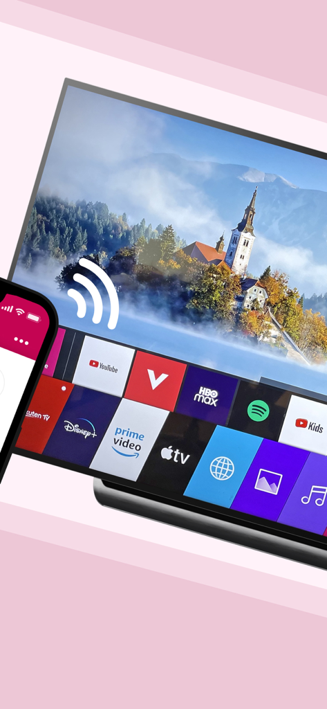 Magic Remote Control WebOS TV - iPhone conectado de forma inalámbrica a un Smart TV WebOS mostrando un menú de aplicaciones de streaming