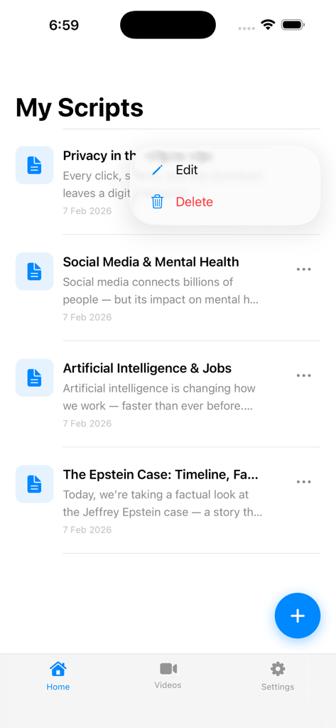 Teleprompter Pro for Creators - A list of video scripts organized in the Teleprompter Pro for Creators app interface.