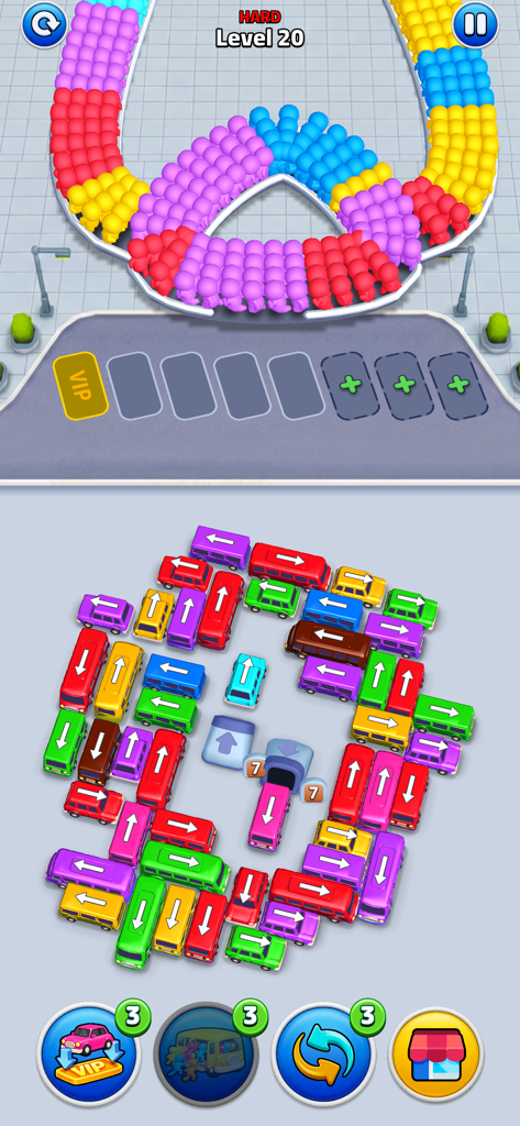 Bus Rush Fever! - Captura de tela do jogo mobile Bus Rush Fever mostrando uma fase de congestionamento de estacionamento com ônibus e passageiros coloridos