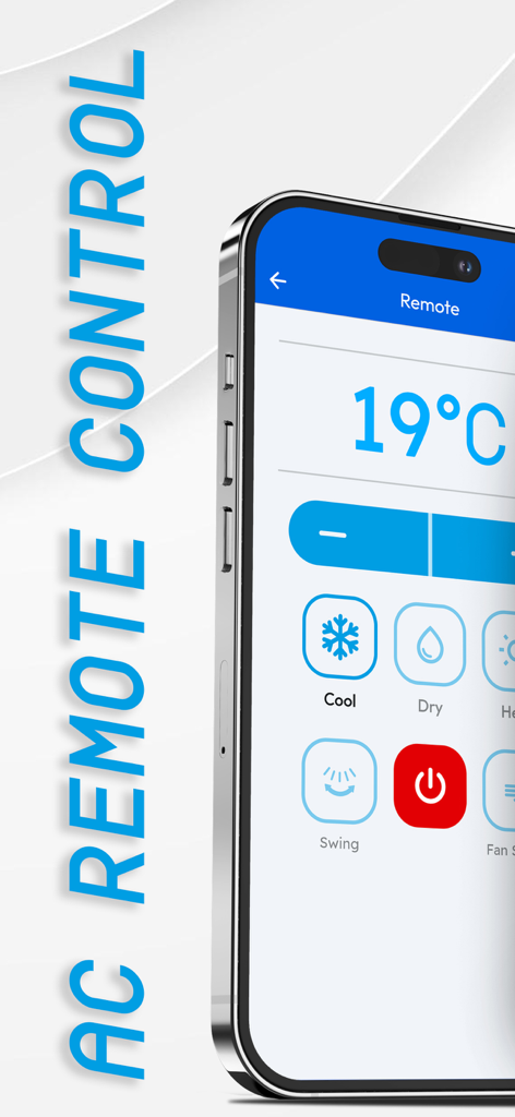 Air-Conditioner remote control - Pantalla de smartphone que muestra una aplicación de control remoto universal de aire acondicionado con una pantalla de temperatura y varios modos de control.