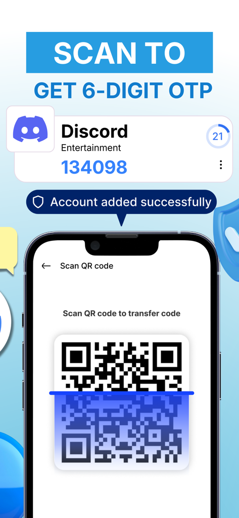 Eine Smartphone-Oberfläche, die einen QR-Code scannt, um einen 2FA-Code für ein Discord-Konto zu generieren