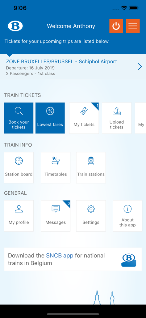 Panel principal de la aplicación SNCB International con herramientas de reserva de trenes e información de viaje