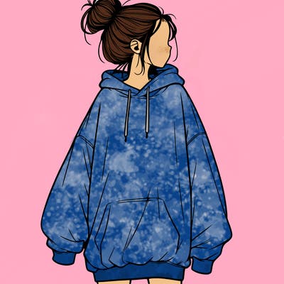 realistic girl with a oversized sweatshirt on and a bun