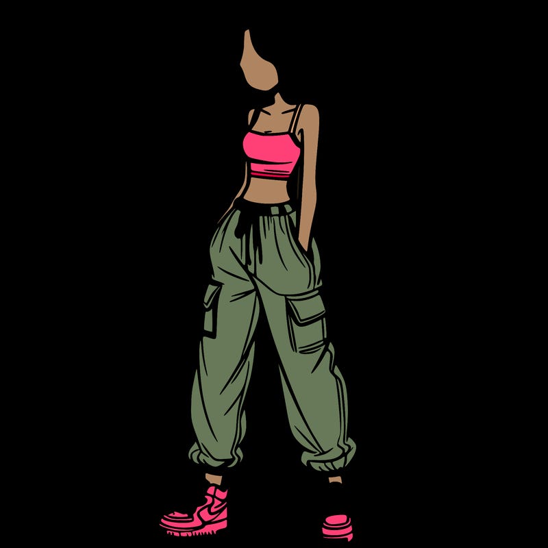 girl in baggy pants crop top and long hair