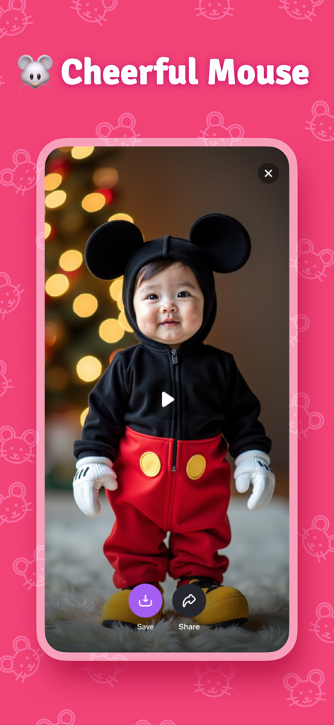 Baby Dance - AI Video - Baby Dance AIビデオアプリによって生成された、ミッキーマウス風の衣装を着た赤ちゃんのスクリーンショットで、保存と共有のオプションがあります。