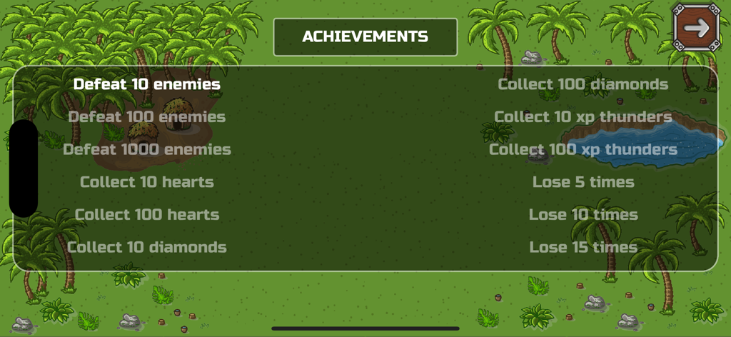 Bruno And Arishnev - Achievements menu screen in the Bruno and Arishnev mobile game showing gameplay milestones