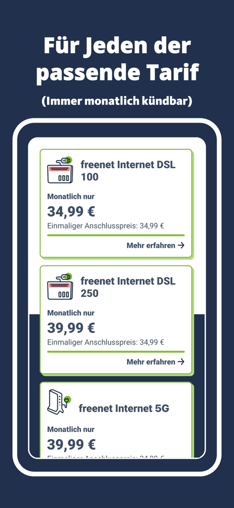freenet Internet app interface displaying available DSL and 5G monthly plans