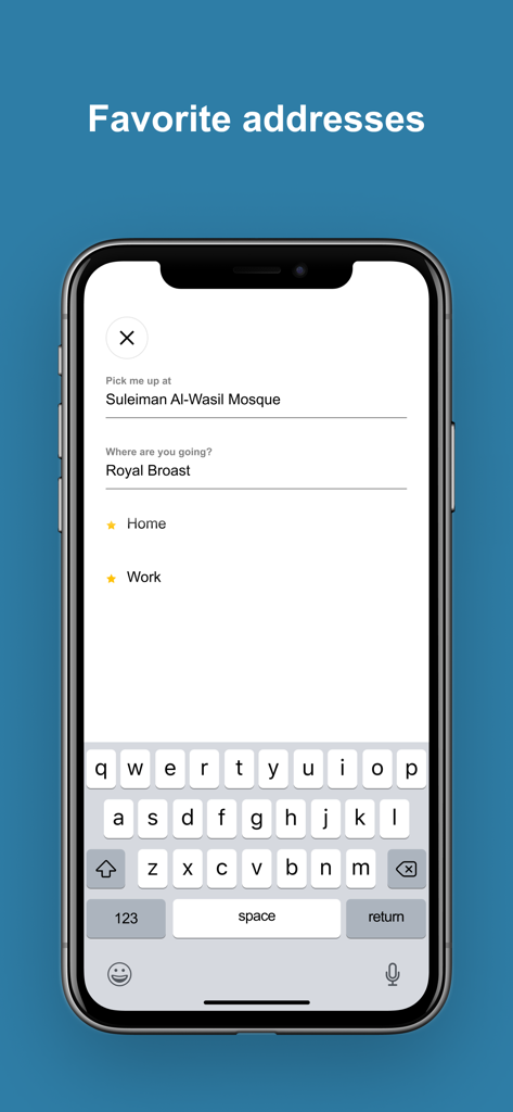 Tirhal - Mobile interface of the Tirhal app for selecting favorite addresses such as home and work in Khartoum