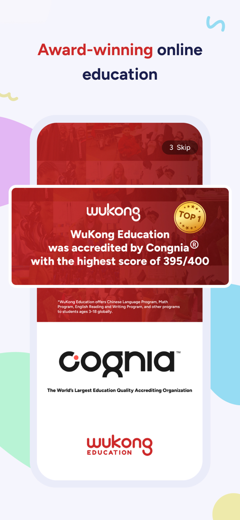 WuKong: Chinese, Math & ELA - WuKong Education award winning online education screen showing Cognia accreditation with a score of 395 out of 400
